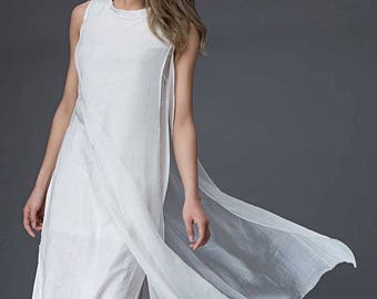 White dress, linen dress, long summer dress, sleeveless dress, elegant dress, flowing dress, wedding dress, layered dress, split dress C852