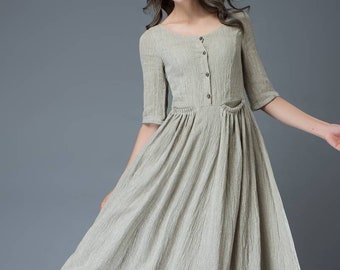 maxi Linen Dress,  Pale Gray Everyday Comfortable Fit & Flare Long Dress with Half Sleeves and Button Front, shirt dress, Ylistyle C815