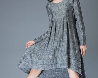 Marl Gray Lagenlook Dress - Linen Loose-Fitting Long-Sleeved Round Neck Asymmetrical Dress with Tiered Pleated Hemline C810