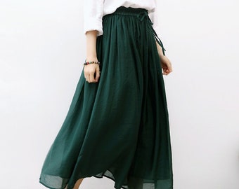 Summer Green Maxi Skirt-Waist Tie Tencel-Linen Blend skirt, Plus Size Skirt, Boho Beach to Street Long swing Skirt, Ylistyle C2145
