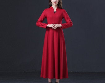 Vintage Wool Dress, Red Wool Dress , A Line Dress, 1950's Dress, Swing Dress, Evening Dress, Winter Dress C1740