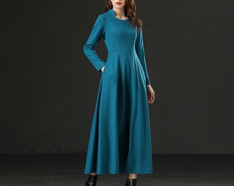 cocktail dress maxi wool dress burgundy wool dress Linennaive maxi winter dress blue dress party dress wool winter dress