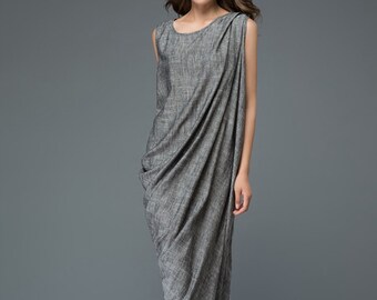 Linen Shift Dress, Gray linen dress, Sleeveless dress, Plus Size Woman Dress, Loose Fit Dress, Long Dress, Asymmetrical Dress C923
