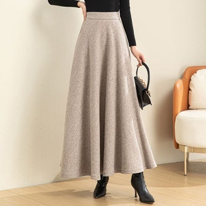 Beige Long Wool Skirt, A-Line Maxi Wool Skirt, Wool Skirt Women, High Waisted Wool Skirt, Winter Wool Skirt With Pockets, Ylistyle C3074