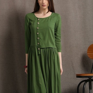 Linen Maxi Dress, Moss Green Asymmetrical Semi-Fitted Casual Comfortable Women&#39;s Dress, Plus size Pleated shirt dress with pockets C416#