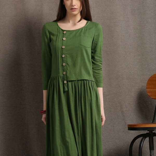 Linen Maxi Dress, Moss Green Asymmetrical Semi-Fitted Casual Comfortable Women's Dress, Plus size Pleated shirt dress with pockets C416#