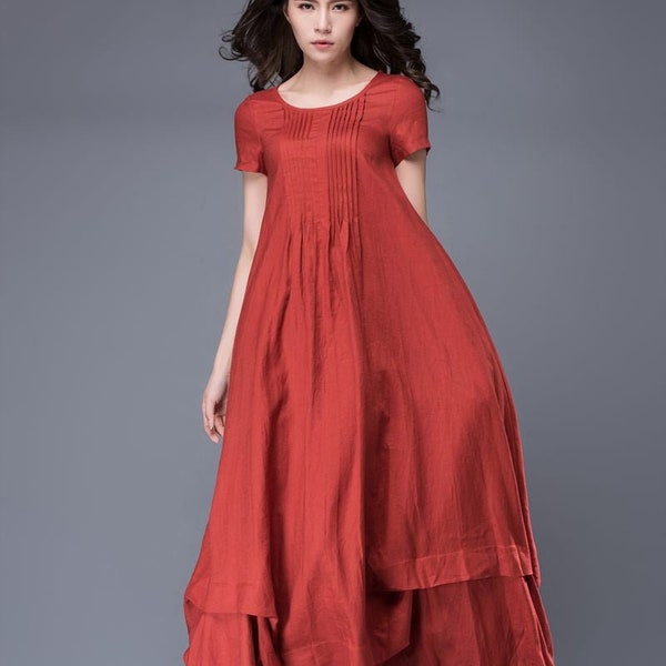 Casual Linen Dress, Plus size Linen Maxi dress, Red Comfortable Loose-Fitted Layered Short-Sleeved Summer Dress with Pintuck Details C885