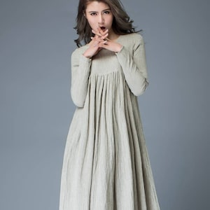 Casual Linen Dress, Light Gray Pleated Dress, Mid-length Long Sleeved Dress, High-Waisted Dress, spring dress wonen, Plus Size Dress C809