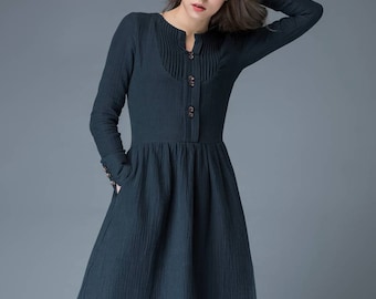 Navy Blue Linen Maxi Dress – Long Sleeve Fit & Flare, Ylistyle C843