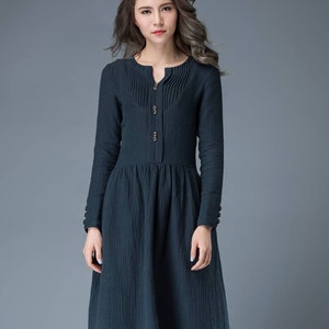 Navy Blue Spring Maxi Dress - Linen Comfortable Casual Everyday Fit & Flare Office or Work Woman's Dress C843