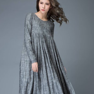 Maxi Linen dress Comfortable Linen Loose-Fitting Long Sleeved Everyday Marl Grey Midi-Length Woman's Dress C808 image 3