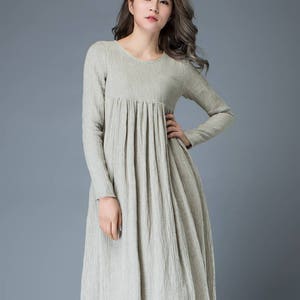 Casual Linen Dress, Light Gray Pleated Dress, Mid-length Long Sleeved Dress, High-Waisted Dress, spring dress wonen, Plus Size Dress C809 image 3