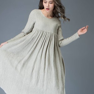 Casual Linen Dress, Light Gray Pleated Dress, Mid-length Long Sleeved Dress, High-Waisted Dress, spring dress wonen, Plus Size Dress C809 image 4