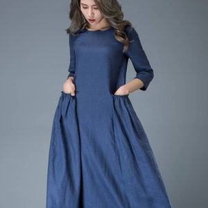 Blue Maxi Linen Dress - Cobalt Long Spring Summer Handmade Casual Everyday Woman's Dress with Half Sleeves C803