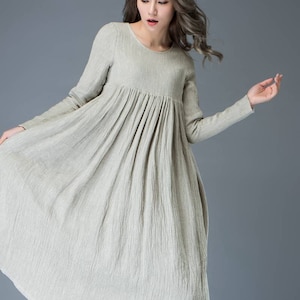 Womens Casual Linen Dress, Light Gray Pleated Linen midi Dress, Long Sleeved Dress, High-Waisted Dress, Fall dress, Plus Size Dress C809