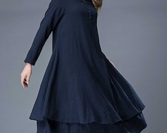 Navy Linen Midi Dress, Long Sleeve Loose Autumn Dress, Layered Hem, Ylistyle C846