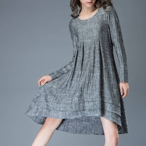 Marl Gray Lagenlook Dress Linen Loose-Fitting Long-Sleeved Round Neck Asymmetrical Dress with Tiered Pleated Hemline C810 C1-Gray-C810