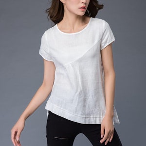 T-shirt en lin blanc, T-shirt irrégulier, col rond, T-shirt ample, T-shirt décontracté pour femme C949 image 1