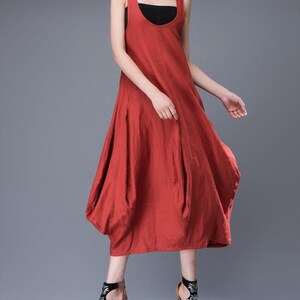 Red Linen Dress, Summer dress, Free-Style Casual Loose-Fitting Tulip-Shaped Everyday Modern Contemporary Unique Designer Dress C888 image 3