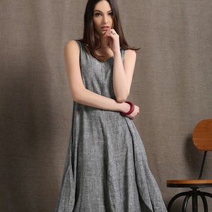 Gray Maxi Dress - Linen Sleeveless Long Marl Grey Summer Dress with Tulip Shaped Skirt Handmade Plus Size Dress C 417