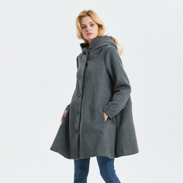 Hooded wool coat, Swing wool coat in Gray, Winter coat women, Warm winter coat, Plus size coat, Classic coat, Custom coat, Ylistyle C1317