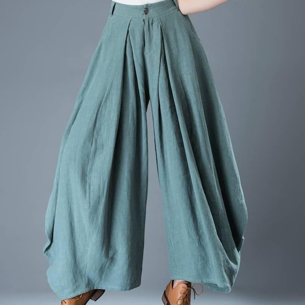 Wide Leg Linen Trousers: Asymmetrical Autumn Pants, Casual Everyday Wear, Ylistyle C835