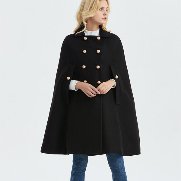 Zwarte wollen cape dames, militaire wollen cape, winterwollen cape, oversized wollen cape, grote maten wollen cape, Ylistyle C1322