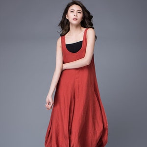 Red Linen Dress, Summer dress, Free-Style Casual Loose-Fitting Tulip-Shaped Everyday Modern Contemporary Unique Designer Dress C888 image 2