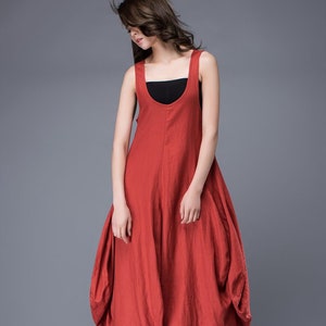 Red Linen Dress, Summer dress, Free-Style Casual Loose-Fitting Tulip-Shaped Everyday Modern Contemporary Unique Designer Dress C888 C1-Red-C888