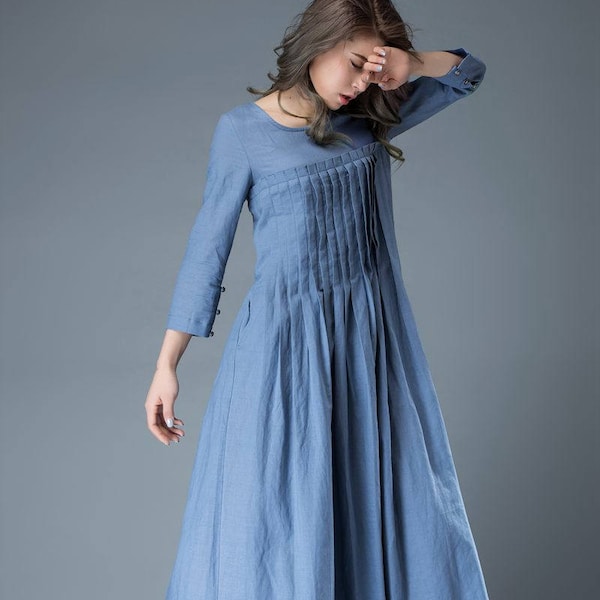 Linen dress for women, Maxi dress pockets, linen dress, long linen dress, womens dresses, loose linen dress, pleated dress, blue dress C811