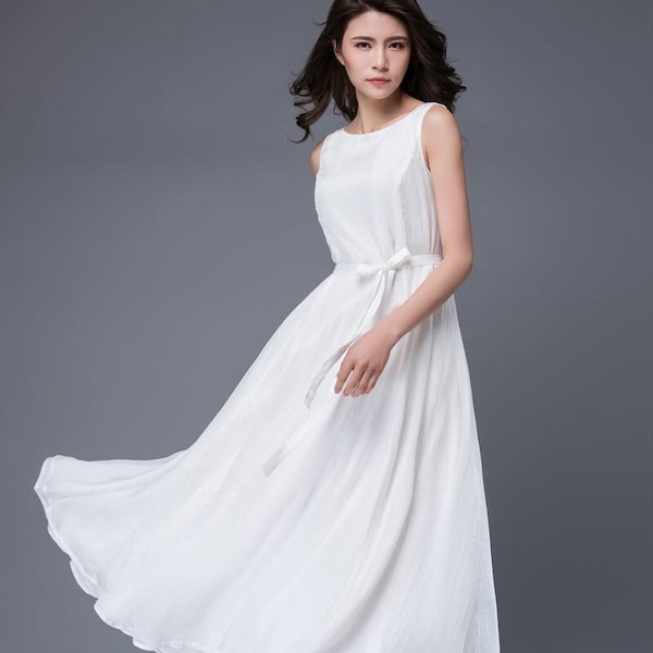 White dress, Chiffon Dress, Handmade Simple Elegant Floaty Semi-Fitted Long Summer Prom Party or Wedding Dress with Self-Tie Belt C879