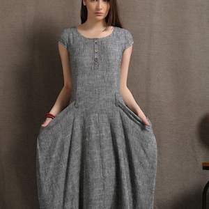 Gray linen dress, long maxi dress, short sleeves shift dress with two large pockets, hi- low dress, spring summer fashion C427