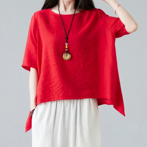 Asymmetrical Linen tops in red, Plus size Linen tops, Oversize Linen tops, Casual Linen blouse, Summer Loose Linen blouse C2275