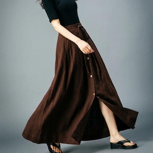 Linen Maxi Skirt, Button down Linen skirt, Brown Skirt Womens, Casual Long Skirt, Skirt with Drawstring Waist, Plus Size linen skirt C3920