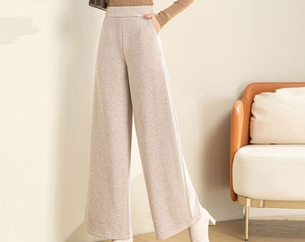 Wide Leg Wool Pants, Beige Wool Palazzo Pants, Cropped Wool Pants, High Waisted Pants, Winter Womens Wool Pants, Handmade Pants C3140