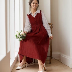 Linen midi Dress, Sleeveless Pinafore Linen Dress with Button Front, Elegant Modest linen dress, Fit and flare dress, Custom dress C1784