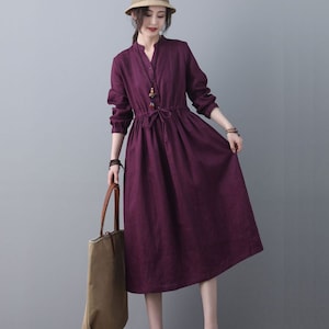 Linen Dress, Purple Long Shirt Dress, Long Sleeve Dress, Womens Spring Summer Dress, Minimalist Dress, Loose Plus Size Dress Ylistyle C1843