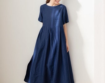 Linen Dress, Navy Blue Dress, Women's Linen Dress, Long Linen Dress, Loose Linen Dress, Casual Dress, A-Linen Dress, Handmade Dress C3192
