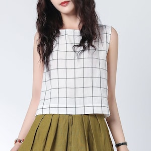 Linen Tops, Tank tops, Sleeveless Linen Tank tops, Gingham Check Top, Linen Summer top, Womens Linen top, Plaid Linen top, Custom top C3303