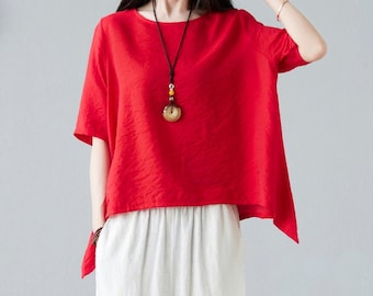 Asymmetrical Linen tops in red, Plus size Linen tops, Oversize Linen tops, Casual Linen blouse, Summer Loose Linen blouse C2275