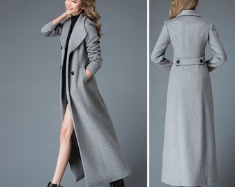 Long wool coat women, Gray Wool trench coat, Double breasted wool maxi coat, Winter coat women, Autumn winter outerwear, Ylistyle C1766