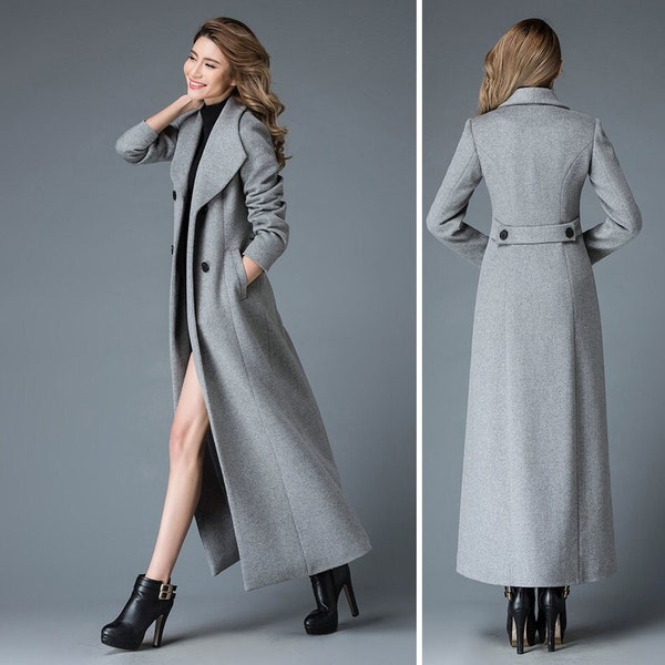 Long wool coat women, Gray Wool trench coat, Double breasted wool maxi coat, Winter coat women, Autumn winter outerwear, Ylistyle C1766