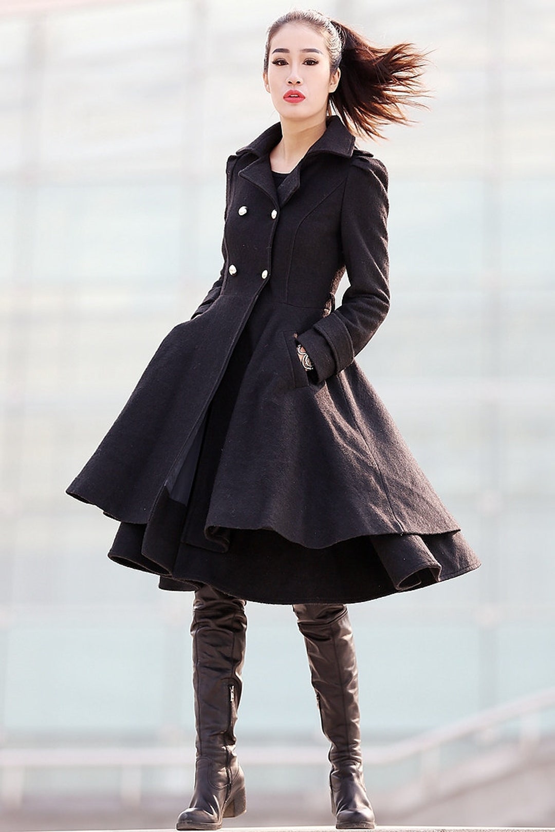 60s Inspired Fit and Flare Wool Coat Women C2581