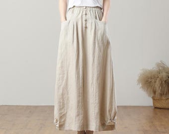 Linnen rok, linnen maxi-rok, rok met hoge taille, rok met zak, lange linnen rok, casual rok, geplooide linnen rok, Ylistyle C3211