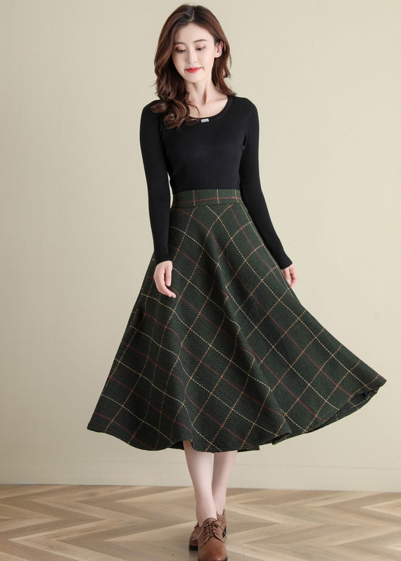 Midi Wool Plaid Skirt Winter Green Plaid Wool Skirt High Etsy UK