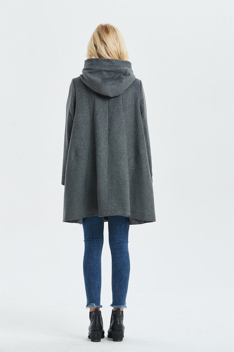 Hooded wool coat, Swing wool coat in Gray, Winter coat women, Warm winter coat, Plus size coat, Classic coat, Custom coat, Ylistyle C1317 image 5