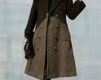 アーミーグリーンウールコート、ダブルブレストミリタリースタイル、冬