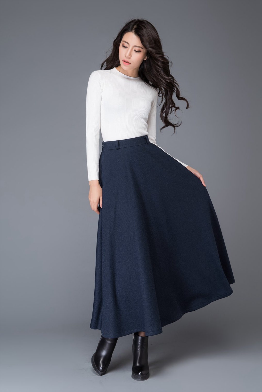 スカート [SINOON] WOOL BLENDED LONG SKIRT Wool Skirt, Vintage Skirt, Maxi Skirt, Wool Skirts, Navy