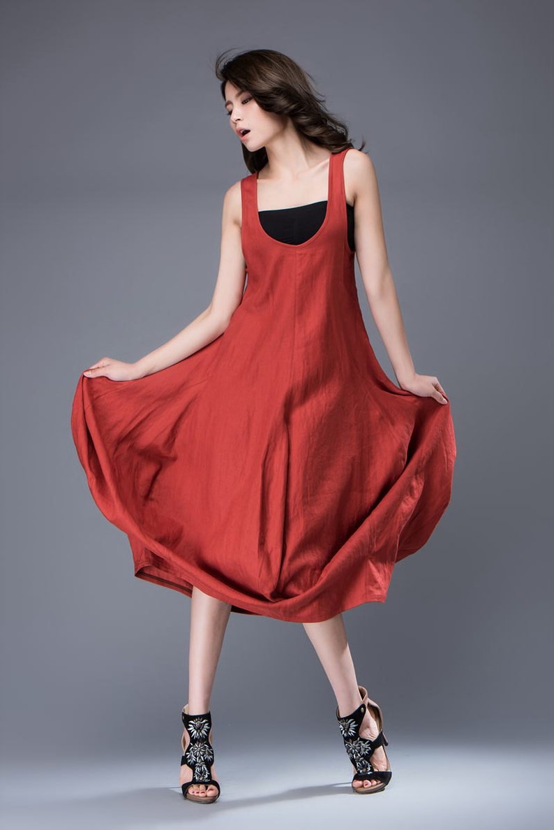 Red Linen Dress, Summer dress, Free-Style Casual Loose-Fitting Tulip-Shaped Everyday Modern Contemporary Unique Designer Dress C888 image 5