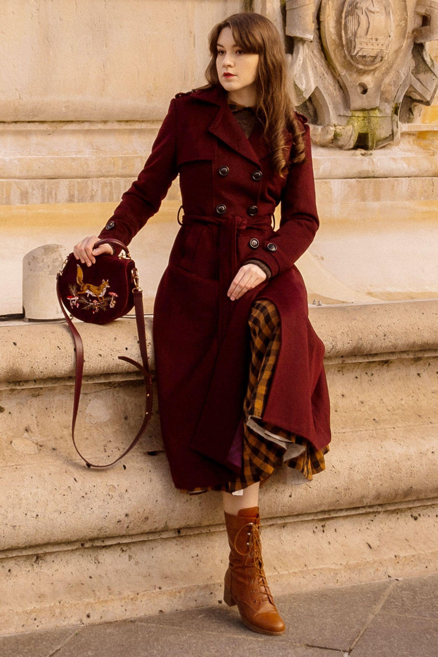 Burgundy Wool Coat Women, Wool Military Coat, Long Wool Coat